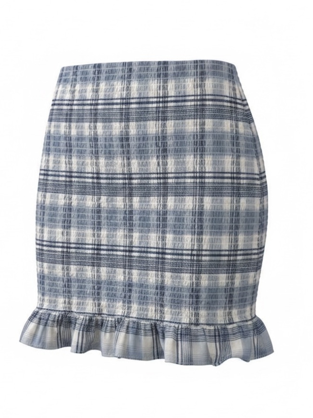 Kendall & Kylie Smocked Bodycon Mini Skirt Blue Cloud Plaid